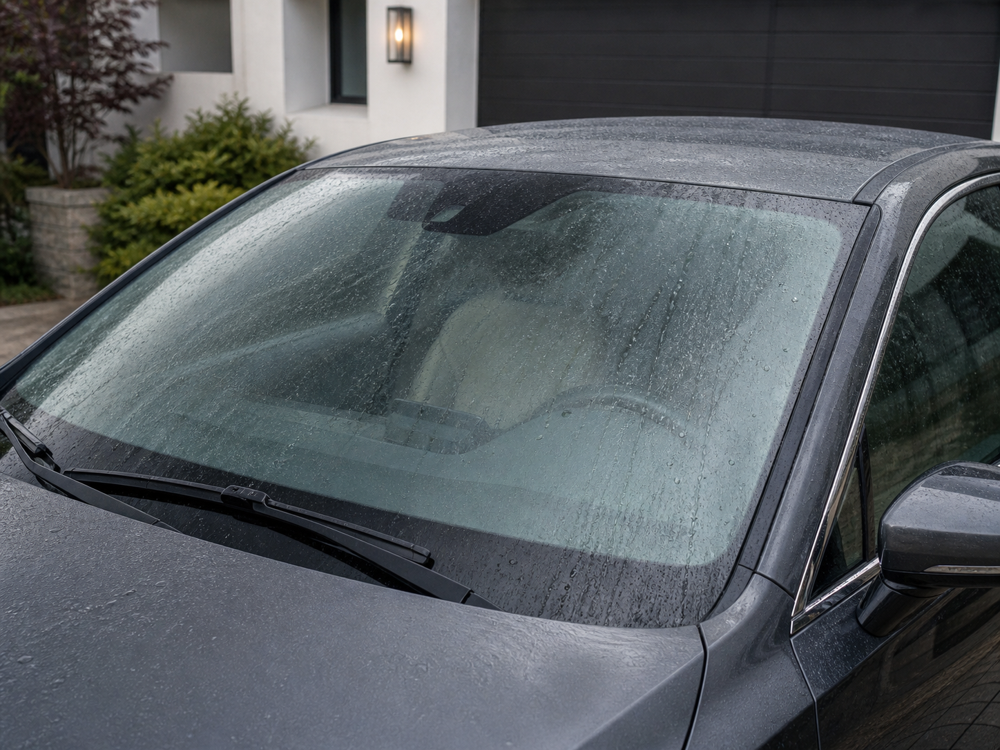Car windscreen before hydrophobic coating with water sitting on untreated glass