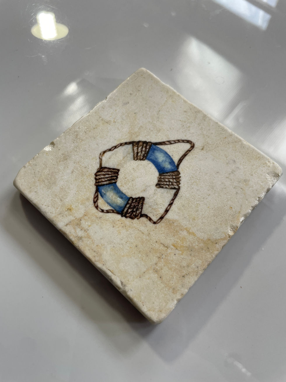 Thumbnail: Life Belt Nautical Theme Tumbled Marble Stone Coaster 10cm x 10cm