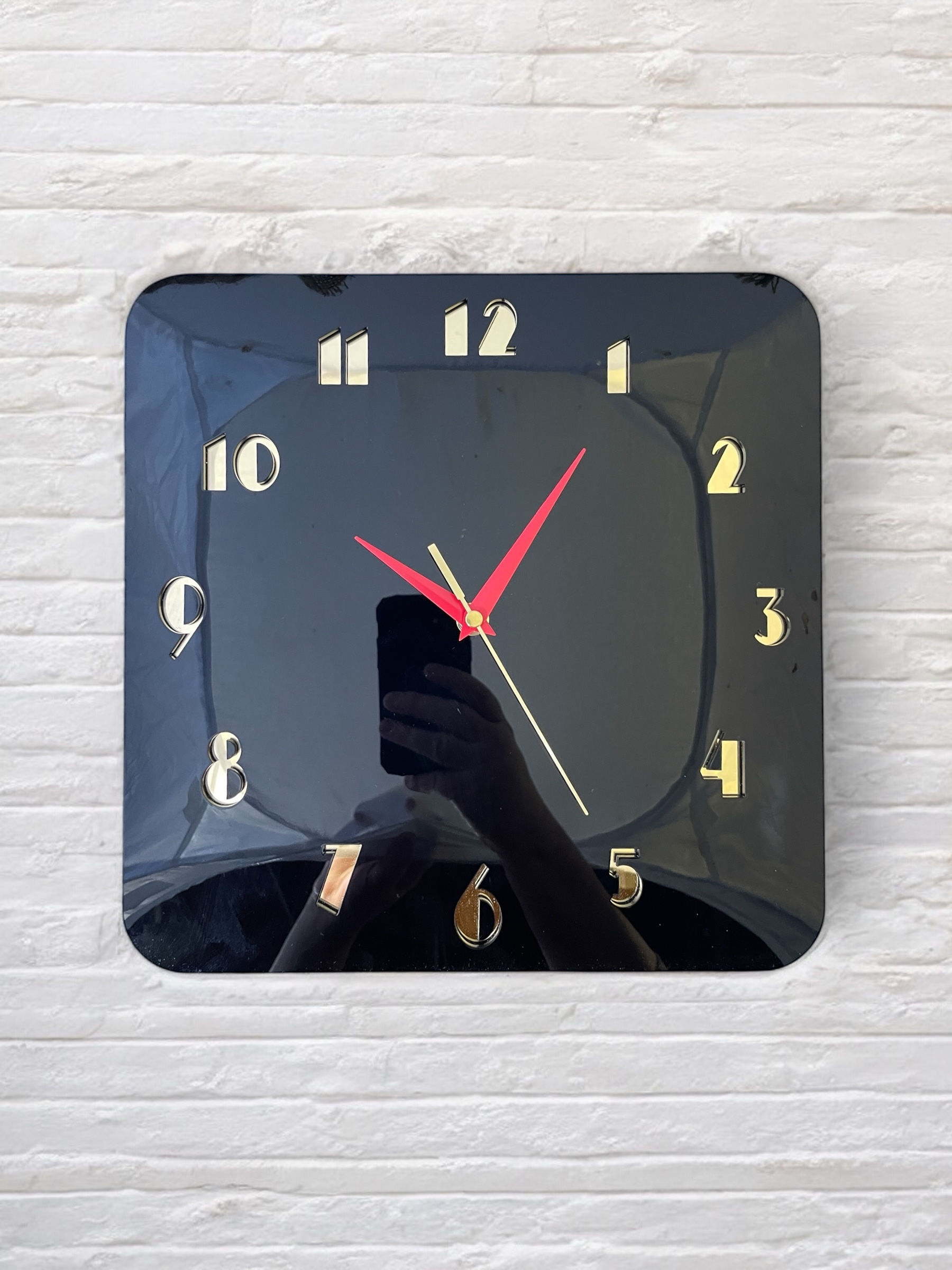 Square Black Acrylic Laminate Wall Clock - Art Deco Inspired