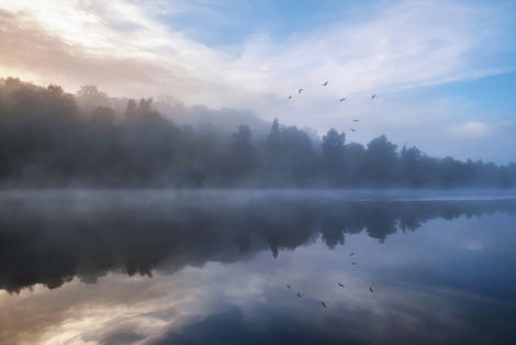 Landschaftsaufnahme an der Mosel am frühen Morgen noch vor Sonnenaufgang. 
