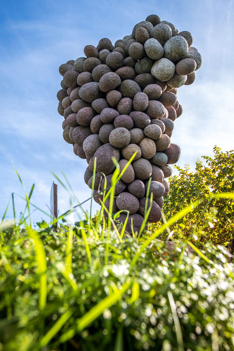 Fotoaufnahme einer kunstvollen Installation in einem Weinberg in Heppenheim an der hessichen Bergstraße. 