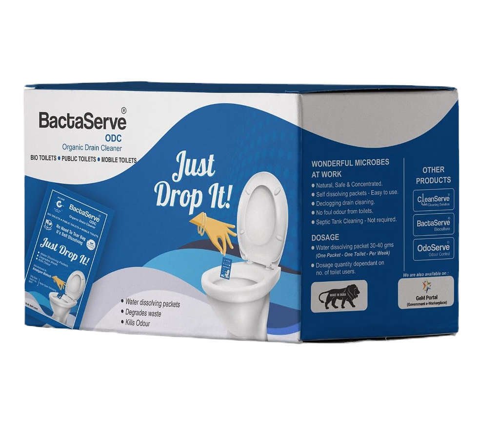 BactaServe Organic Odor Cleaner product box in blue and white, featuring a hand dropping a cleaner into a toilet bowl and labeled 'Just Drop It' for easy odor elimination.