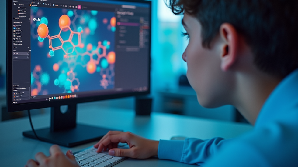 Close-up view of a student’s computer screen showing a chemistry quest challenge with colorful molecules