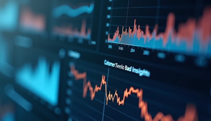 Eye-level view of a digital dashboard showing real-time customer data analytics