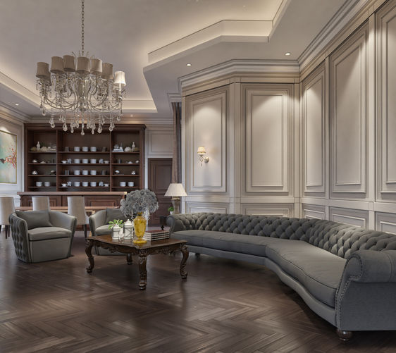 "Designify Architecture Firm's Living Room and Dining Area Interior Design – Residential Project in Egypt and UAE: A neo-classical living room adorned in soothing cream colors and rich brown accents, radiating an air of refined comfort and style."
