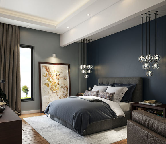 "Designify Architecture Firm - Egypt and UAE: Stylish Decor - A close-up of the stylish decor in the boy's bedroom, featuring greys and deep blues."