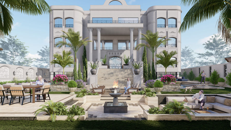 "Designify Architecture Firm - Egypt and UAE: Landscape Design - The grand palace backyard showcases meticulous landscape design."