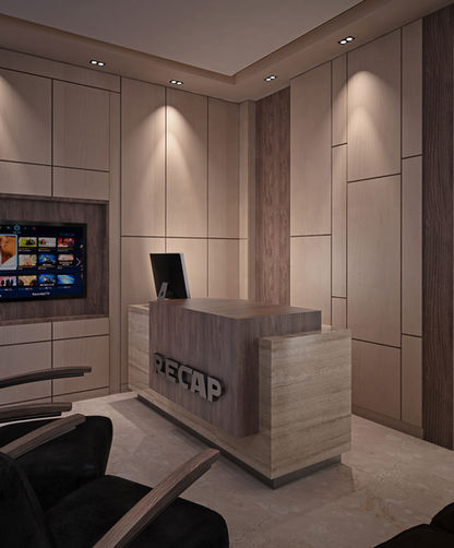 "Sophisticated Wooden-Themed Front Desk - Designify's Cozy and Inviting Office Design in Egypt and UAE"