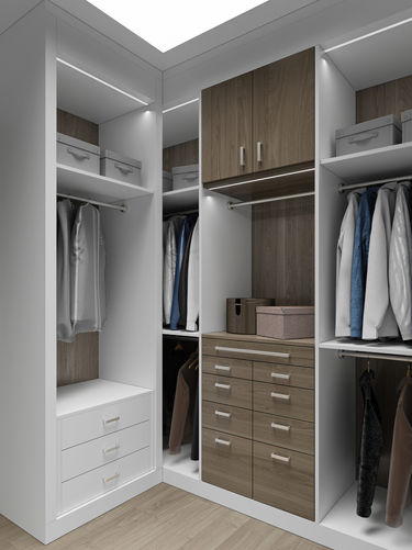 "Sophisticated White and Wood Tones - Dressing Room by Designify"