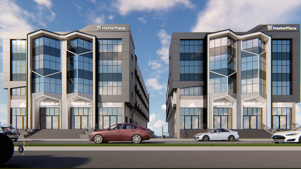 "Sleek Office Building Facade by Designify - Glass, Aluminum Panels, and Paint - Modernity and Professionalism in Egypt and UAE"
