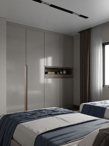 "Clean Lines and Spacious Layout - Serene Kids' Bedroom Design by Designify"