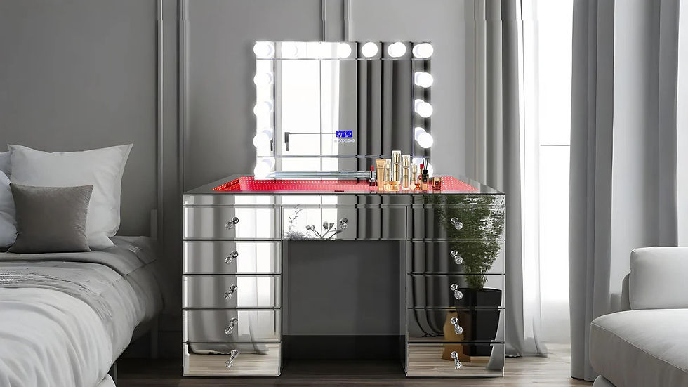 Black Glass Vanity Desk with LED Mirror