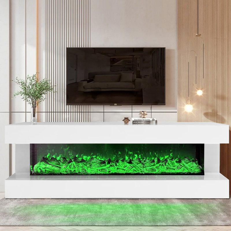 White Fireplace TV Stand with Green LED
