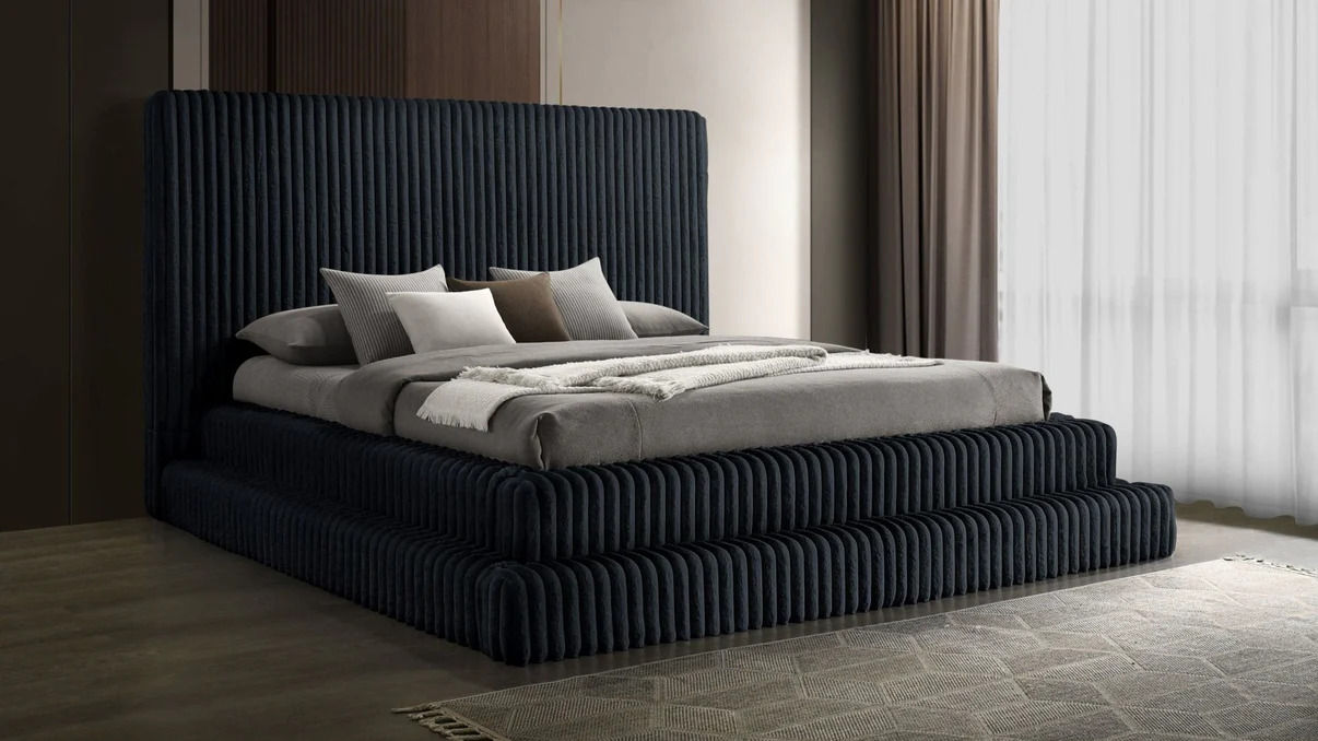 Black Oversized Vertical-Channel Platform Bed - Queen