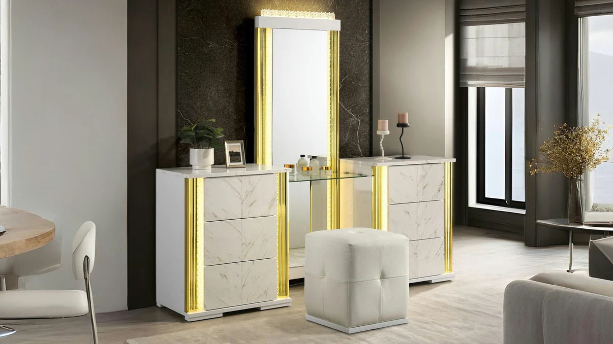 Mika White and Gold Vanity Set with Stool