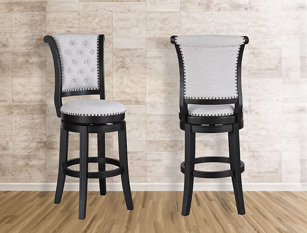 Gray Tufted Swivel Counter Stool with Nailhead Trim