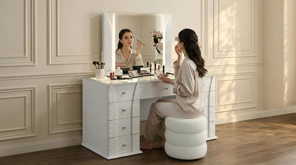 White Modern Vanity Set with Stool