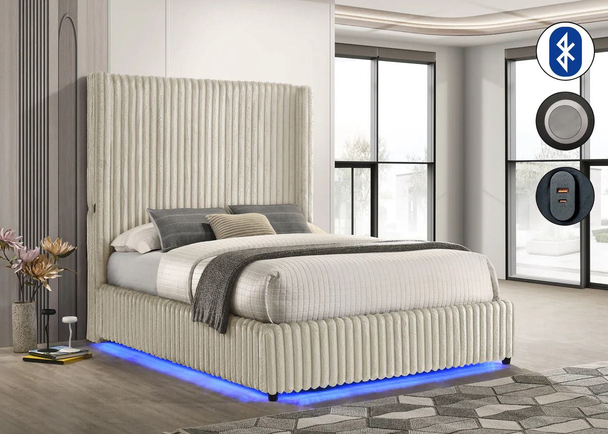 Cream Vertical-Channel LED Platform Bed - King