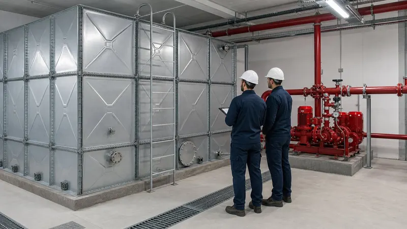 Galvaniz yangın su deposu ve kırmızı pompa grubunu inceleyen iki yangın güvenliği mühendisi.