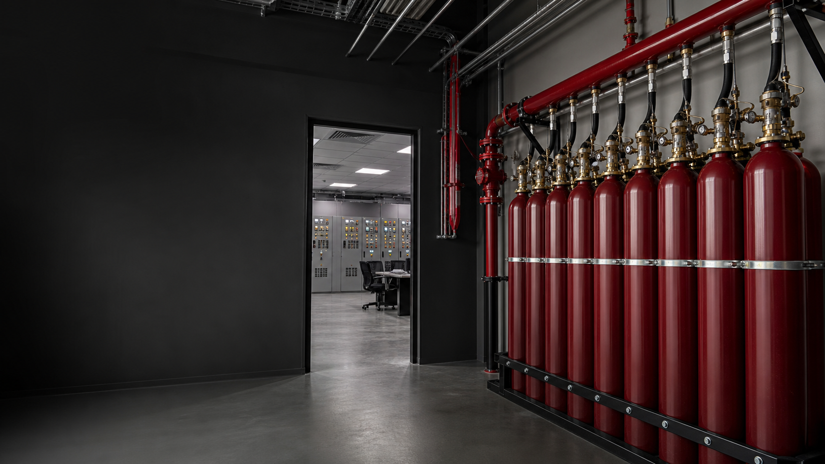 Teknik odada yüksek basınçlı inert gaz silindirleri ve dağıtım manifoldu