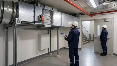 Servis koridorunda duman kontrol damperi, havalandırma kanalı ve yangın kapısını inceleyen MEP mühendisleri.