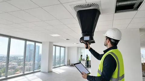 Ticari ofiste tavan menfezinde hava debisi ölçümü yapan HVAC devreye alma mühendisi