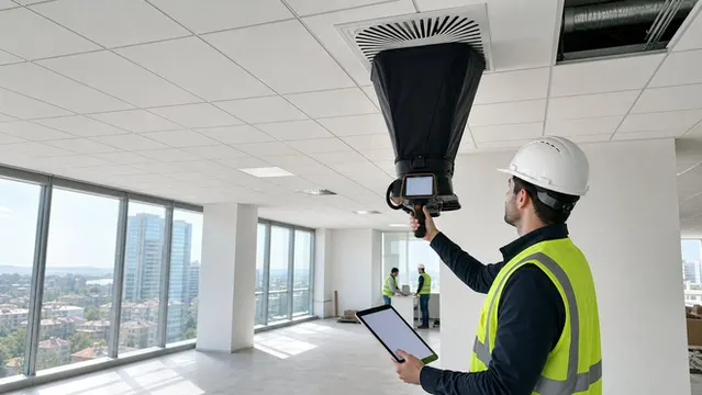 Ticari ofiste tavan menfezinde hava debisi ölçümü yapan HVAC devreye alma mühendisi
