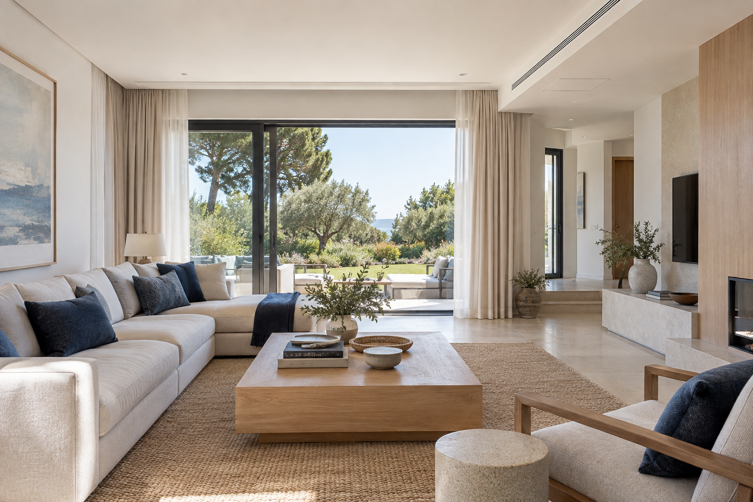 Bahçeye açılan salonda tavana bütünleşmiş doğrusal menfez bulunan modern villa; temsili mekân görseli