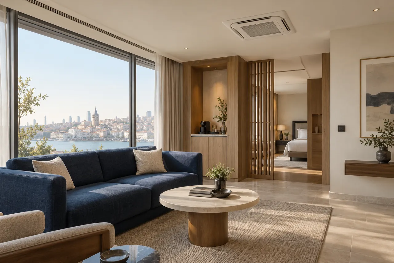 Lacivert kanepeli otel süitinin tavanında kaset klima ve doğrusal menfezler