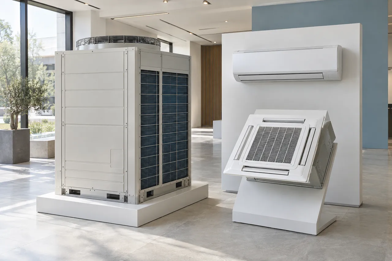 Showroomda sergilenen büyük VRF dış ünitesi, duvar tipi iç ünite ve kaset klima