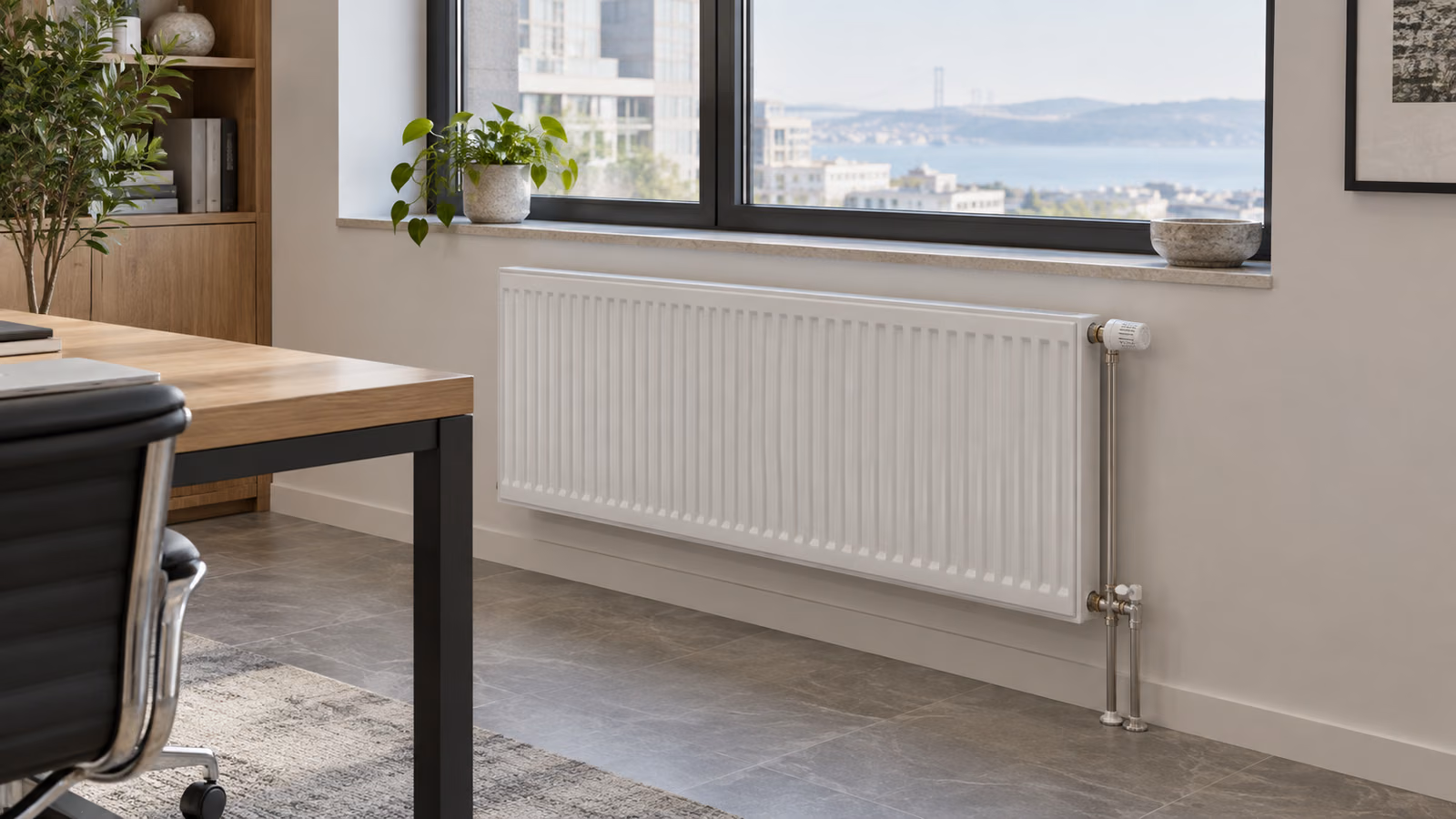 Ofis odasında termostatik vanalı panel radyatör ve su tesisatı bağlantıları; temsili görsel.
