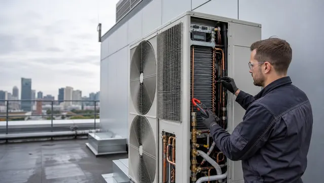 Ticari klima dış ünitesinde kondenser serpantini ve ısı atımını inceleyen HVAC teknisyeni.