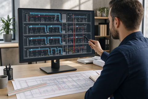 Masaüstü bilgisayar ekranında mekanik tesisat projesi ve HVAC çizimleri