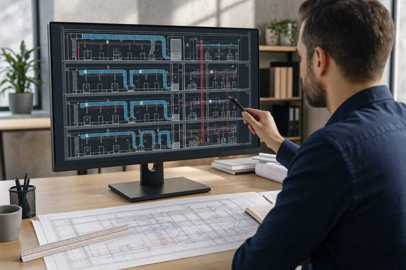 Masaüstü bilgisayar ekranında mekanik tesisat projesi ve HVAC çizimleri