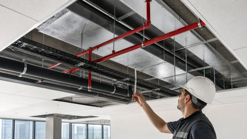 Tamamlanmış ticari ofis asma tavanında koordineli havalandırma kanalı, sprinkler ve kablo tavaları