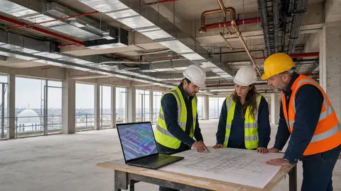 Mekanik mühendisinin şantiye ortamında BIM koordinasyon modeli ve tesisat planını incelemesi