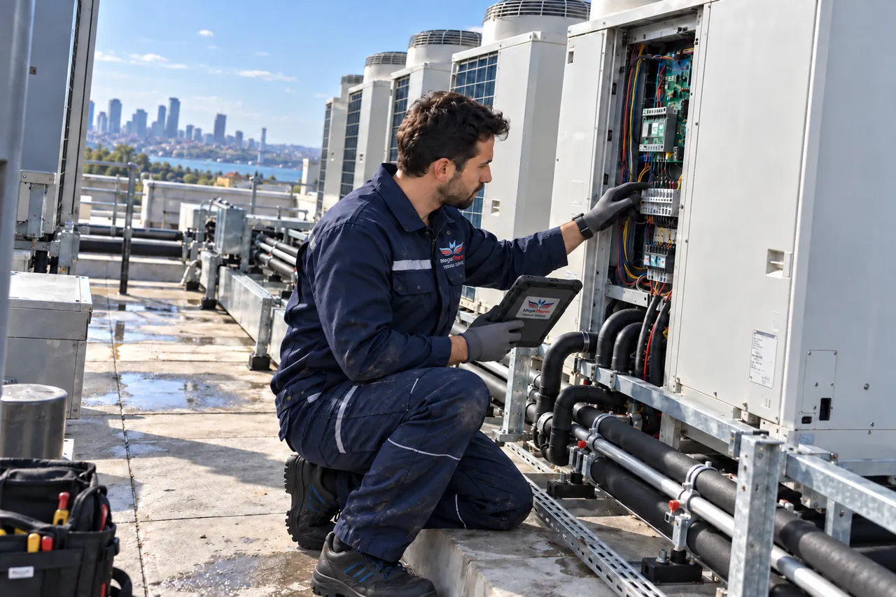 Ticari VRF dış ünitesinin kontrol bölümünü ölçüm tabletiyle inceleyen teknik servis uzmanı