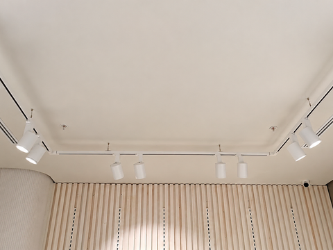 Linear air diffusers, sprinkler heads and track lights in the Mavi store ceiling