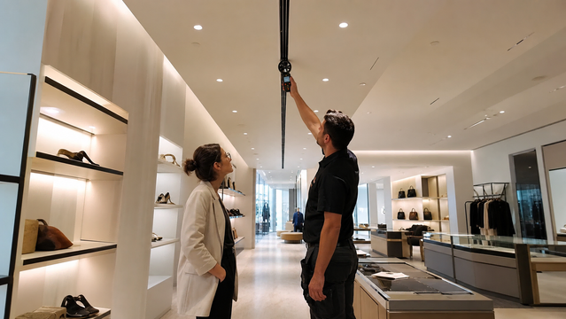 Açılış öncesi tamamlanmış showroomda menfez hava debisini ölçerek mekanik devreye alma yapan ekip.