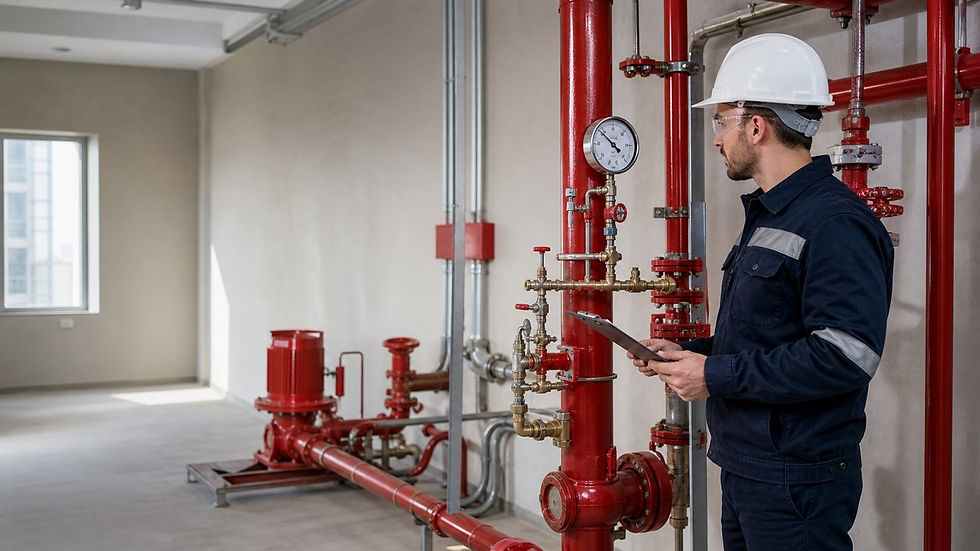 Ticari bina pompa odasında sprinkler basınç göstergesini kontrol eden yangın tesisatı teknikeri.