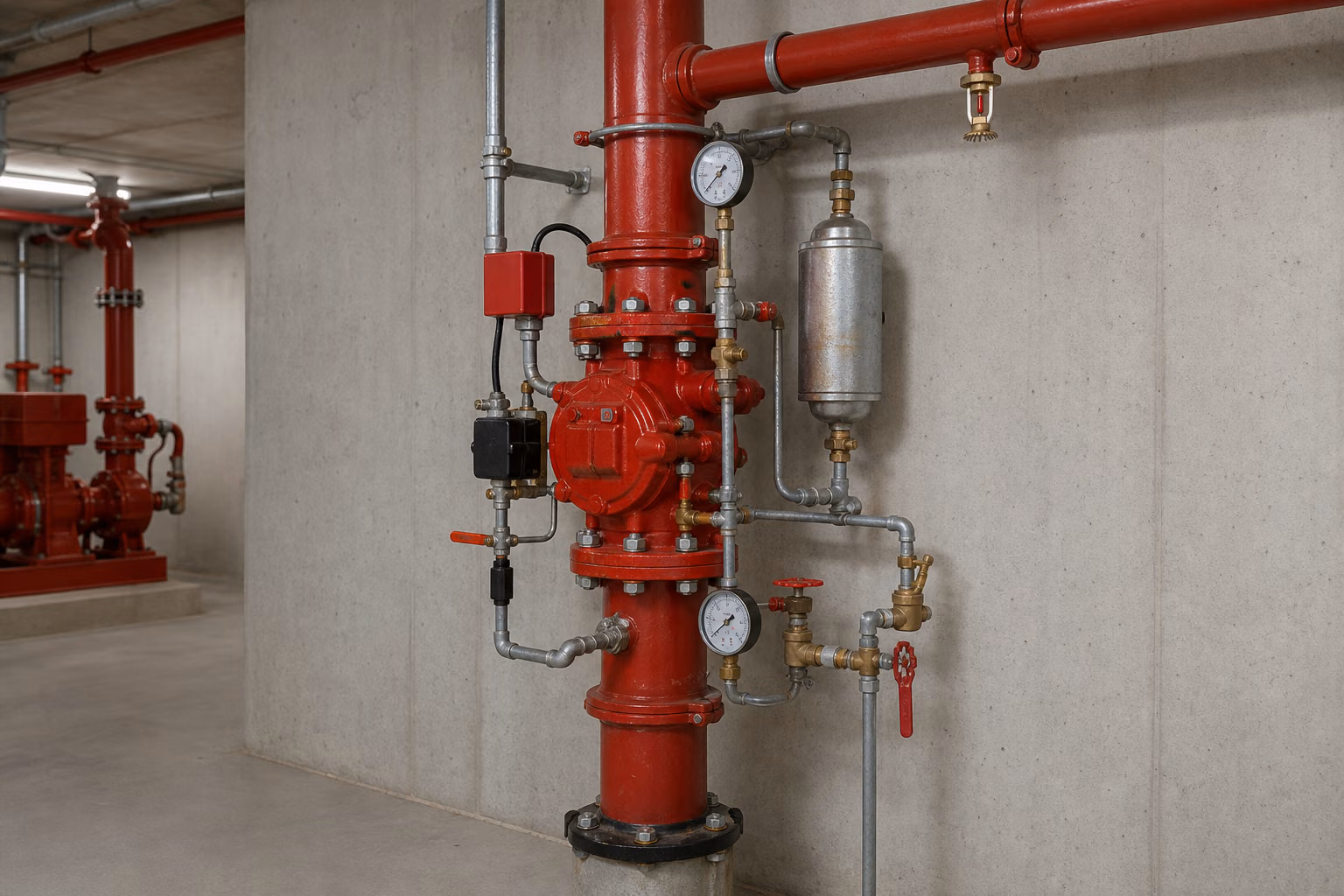 Sprinkler alarm vana grubu ve basınç göstergeleri; temsili görsel.