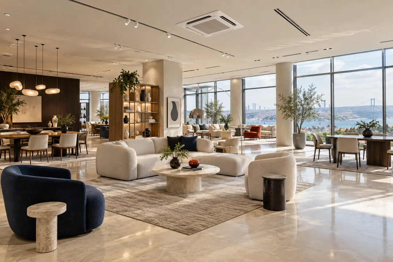 Tavanında kaset klima ve doğrusal menfezler bulunan mobilya showroomu