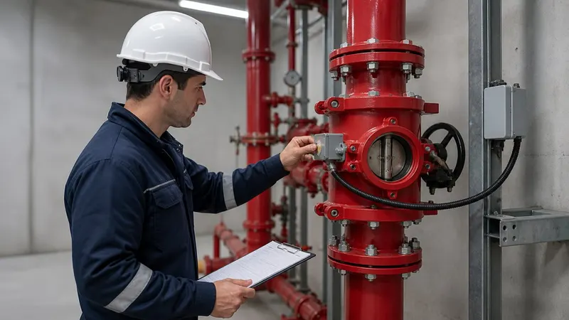 Yangın sprinkler kontrol vanası ile tamper switch bağlantısını kontrol eden teknik personel.