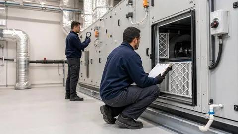 Ticari bina klima santralinde filtre ve kayış kontrolü yapan bakım teknisyeni