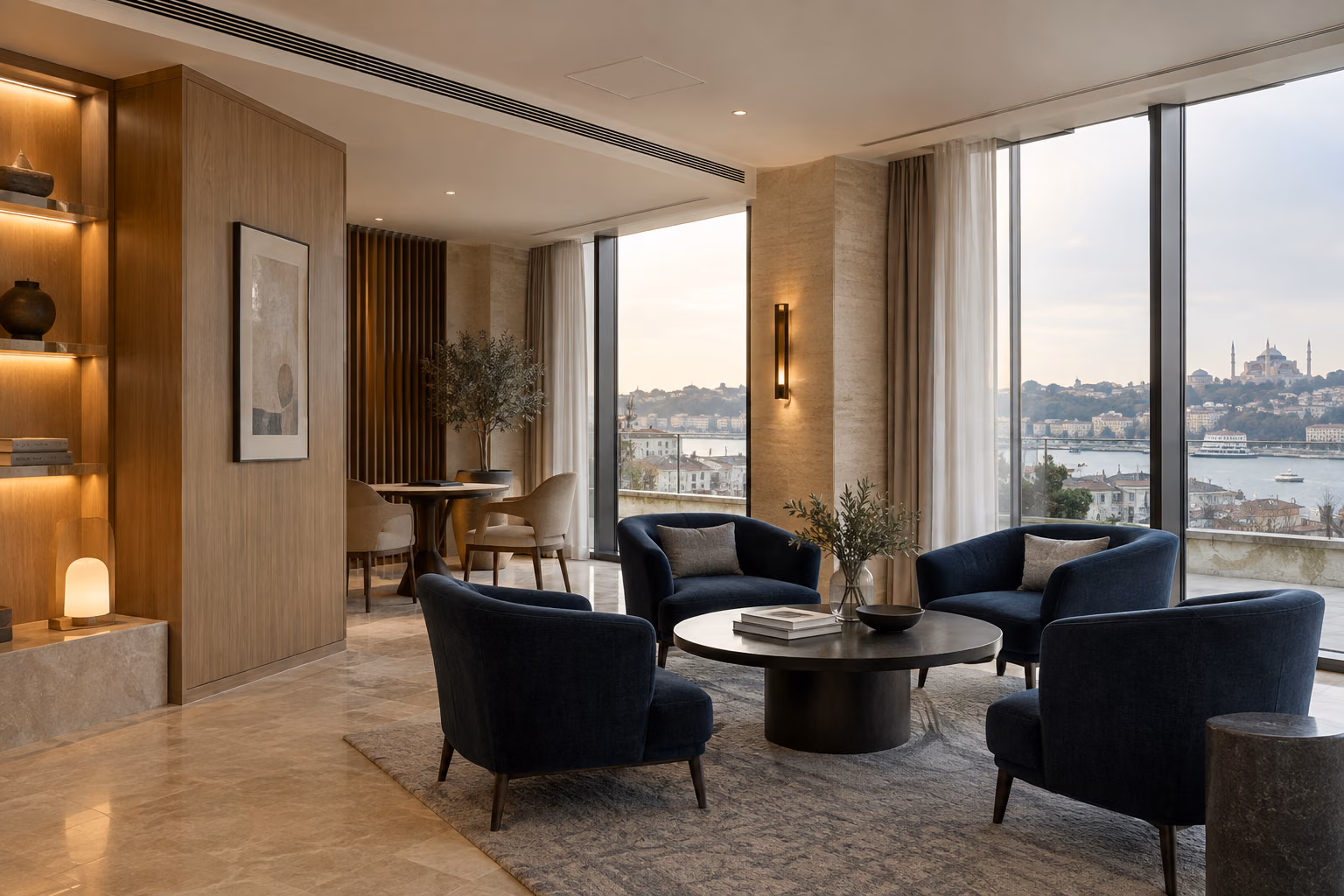 Geniş camlı otel dinlenme alanı ve tavan menfezleri; temsili görsel.