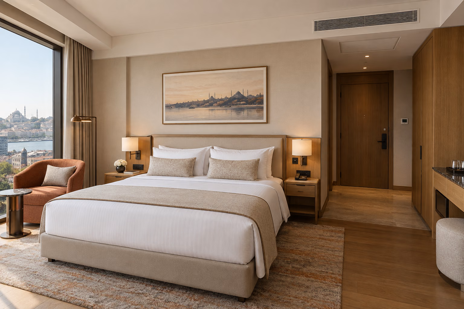 Tavan menfezi bulunan aydınlık otel odası; temsili görsel.