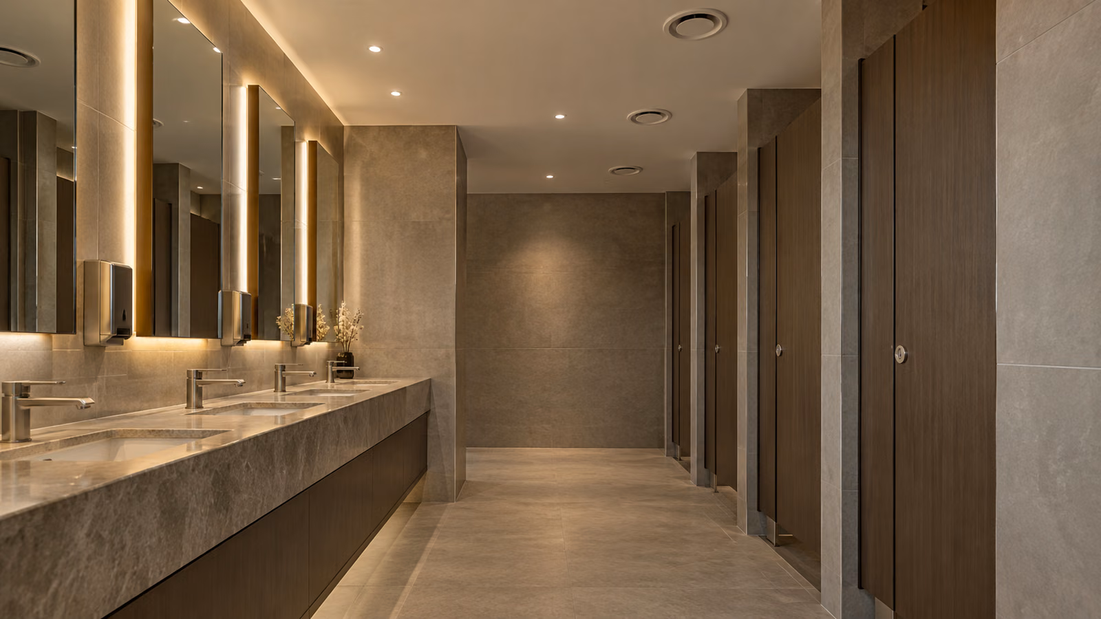 Ticari ıslak hacimde tavan egzoz menfezleri ve modern lavabo alanı; temsili görsel.