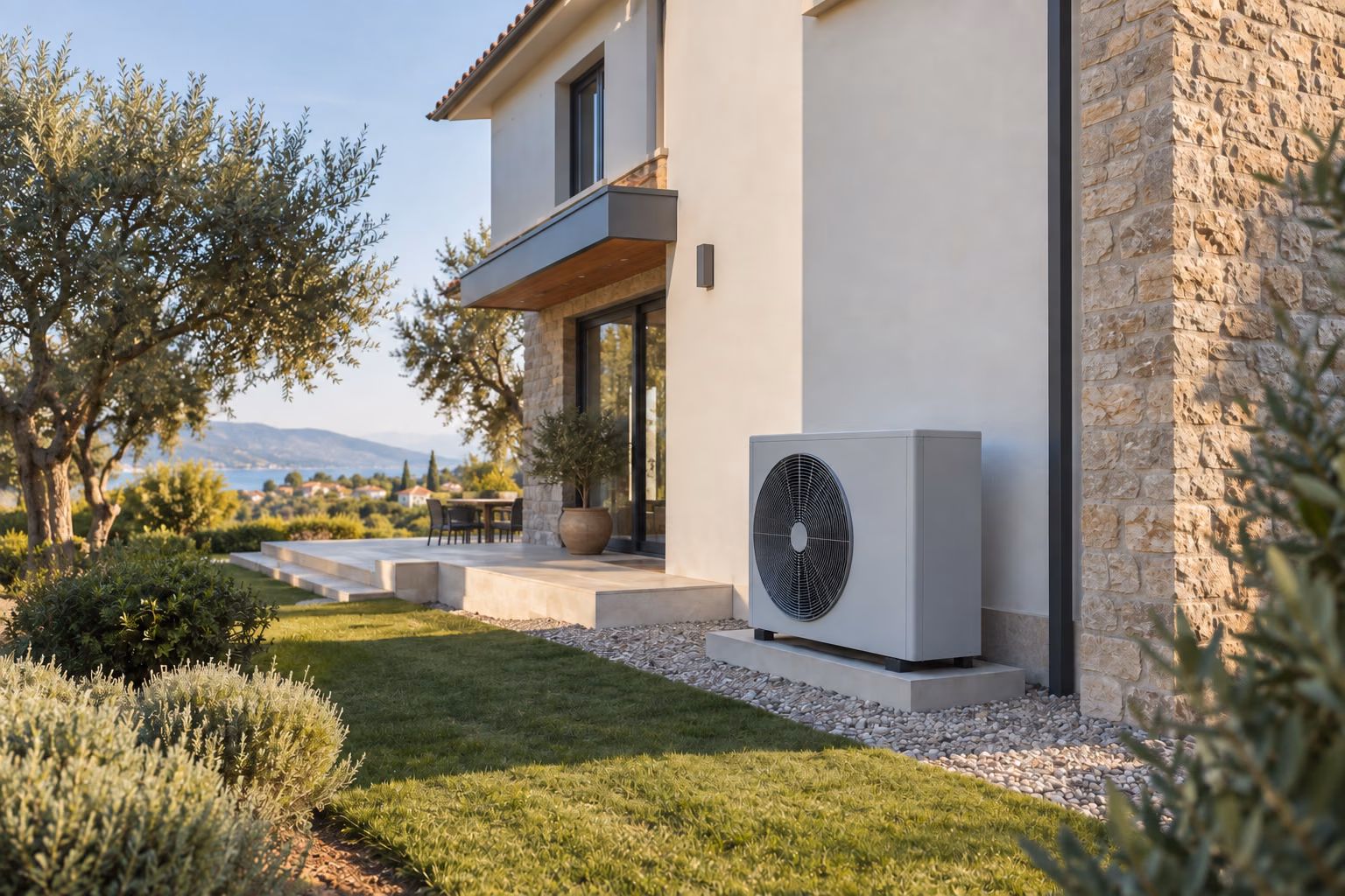 Villa bahçesinde cephe önüne yerleştirilmiş ısı pompası; temsili görsel.