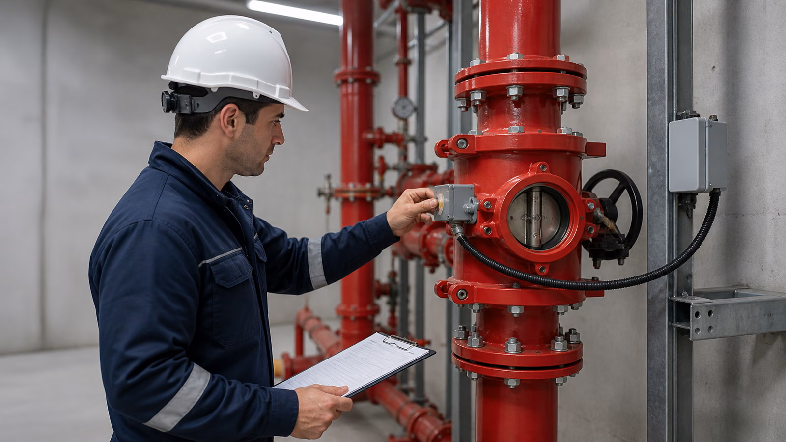 Kırmızı yangın hattındaki vanayı kontrol eden teknik çalışan; temsili görsel.