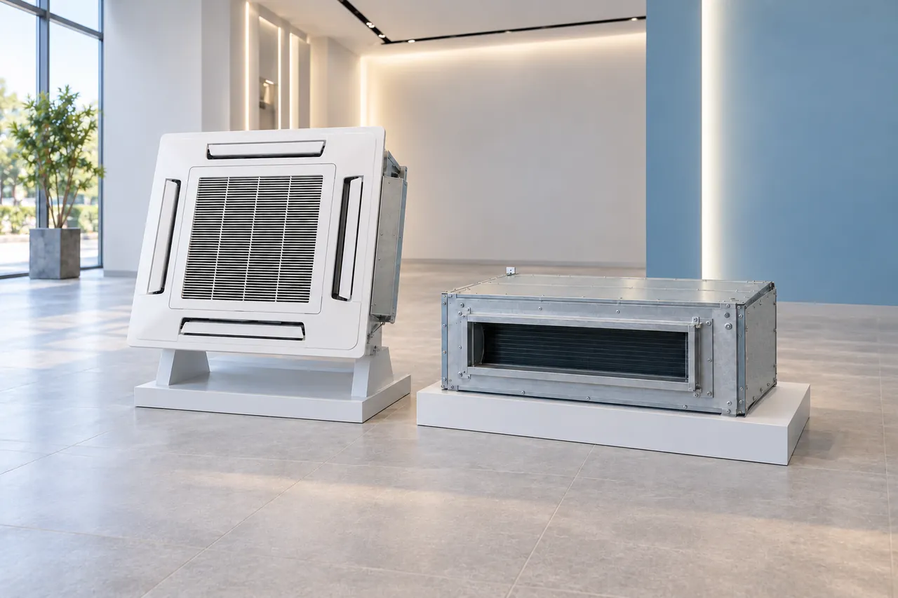 Showroomda sergilenen dört yöne üflemeli kaset tipi klima ve kanallı iç ünite